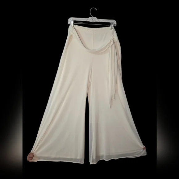 Onyx Nite Dressy Pants XL Solid White Wide leg Chiffon Overlay With Belt Lined - Picture 1 of 7